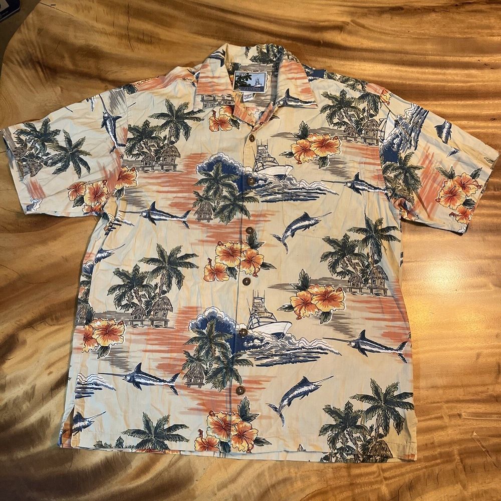 AFTCO Bluewater‎ Men's Medium Short Sleeve Blue Marlin Fish Fishing Boat Print